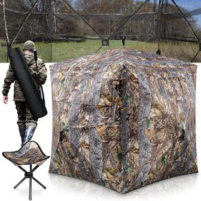 Hunting Blind 360°See Through Ground Blind Full Open Door Deer Blind Camouflage 2-3Person Deer Blind with Silent Sliding Windows, Portable Hunting Tent for Deer Hunting