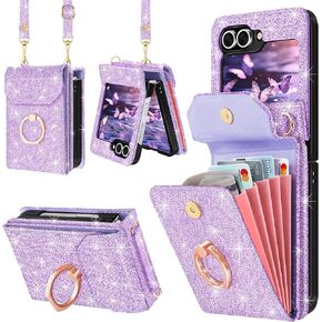 for Samsung Galaxy Z Flip 6 Case Wallet with 5 Card Holder, Glitter PU Leather Crossbody Case with 360° Ring Stand&Wrist Strap Women Girls Shockproof Phone Cover for Z Flip 6 Case,Rose Gold