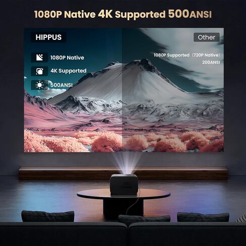 [التركيز التلقائي/حجر الزاوية] جهاز عرض 4K يدعم 1080P أصلي 500 ANSI، جهاز عرض HIPPUS مع WiFi 6 وBluetooth 5.2، جهاز عرض خارجي محمول، 50% تكبير، متوافق مع iOS/Android/HDMI/TV Stick in Kuwait