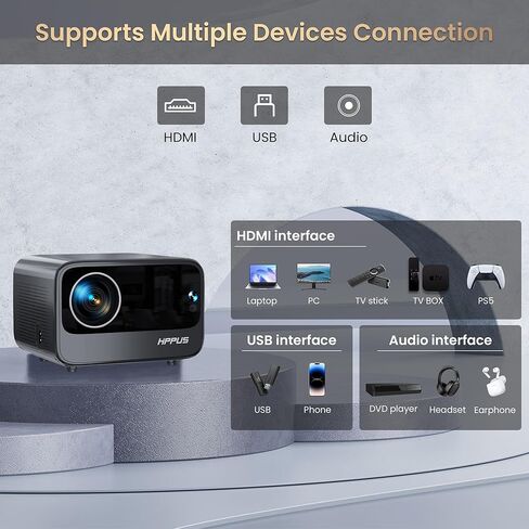 [التركيز التلقائي/حجر الزاوية] جهاز عرض 4K يدعم 1080P أصلي 500 ANSI، جهاز عرض HIPPUS مع WiFi 6 وBluetooth 5.2، جهاز عرض خارجي محمول، 50% تكبير، متوافق مع iOS/Android/HDMI/TV Stick in Kuwait