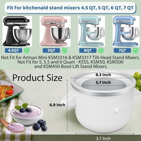 Ice Cream Maker Attachment for KitchenAid Stand Mixer, 2 Quart Frozen Yogurt Ice Cream & Sorbet Gelato Maker Bowl Fits for 4.5 Qt and Larger Stand Mixers, Not for Artisan Mini 3.5Qt Mixer in Saudi Arabia