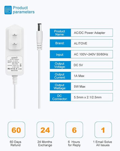 ALITOVE 5 فولت مصدر طاقة 5 فولت 1 أمبير محول تيار متردد أبيض 100-240 فولت تيار متردد إلى تيار مستمر 5 فولت سلك طاقة 5 فولت 1 أمبير محول طاقة مع طرف 5.5 × 2.5 مم 2.1 مم لمكبرات الصوت LED وأجهزة توجيه شاشة الإنترنت، أبيض in Kuwait
