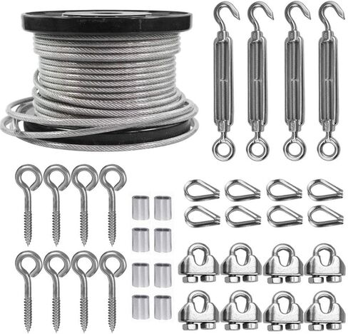TooTaci 3/16 Wire Rope 100ft & M6 Turnbuckle Hook and Eye,304 Stainless Steel Cable 1/8 Thru 3/16 PVC Coated Wire Cable,Heavy Duty Turnbuckle Tensioner Kit for Lights Hanging,Cable Railing,Clothesline in Kuwait
