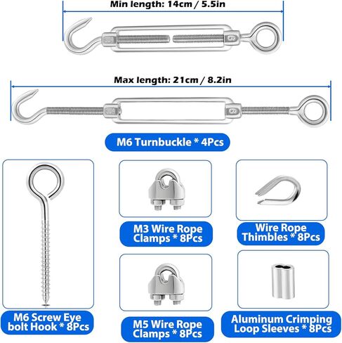 TooTaci 3/16 Wire Rope 100ft & M6 Turnbuckle Hook and Eye,304 Stainless Steel Cable 1/8 Thru 3/16 PVC Coated Wire Cable,Heavy Duty Turnbuckle Tensioner Kit for Lights Hanging,Cable Railing,Clothesline in Kuwait
