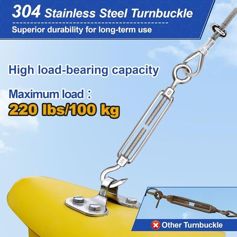 TooTaci 3/16 Wire Rope 100ft & M6 Turnbuckle Hook and Eye,304 Stainless Steel Cable 1/8 Thru 3/16 PVC Coated Wire Cable,Heavy Duty Turnbuckle Tensioner Kit for Lights Hanging,Cable Railing,Clothesline in Kuwait