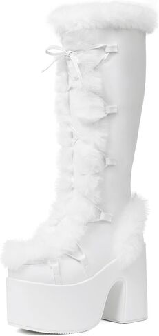 Accloris Fur Knee High Boots Furry Platform Chunky Heel Rave Boots | Furry Detail · 14.56" Shaft · 5.1" Chunky Heel · Side Zip · Faux Leather—Snow Punk Goth Boots, Pile Socks to Mini Skirts in Saudi Arabia