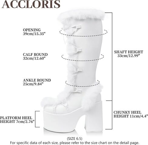 Accloris Fur Knee High Boots Furry Platform Chunky Heel Rave Boots | Furry Detail · 14.56" Shaft · 5.1" Chunky Heel · Side Zip · Faux Leather—Snow Punk Goth Boots, Pile Socks to Mini Skirts in Saudi Arabia