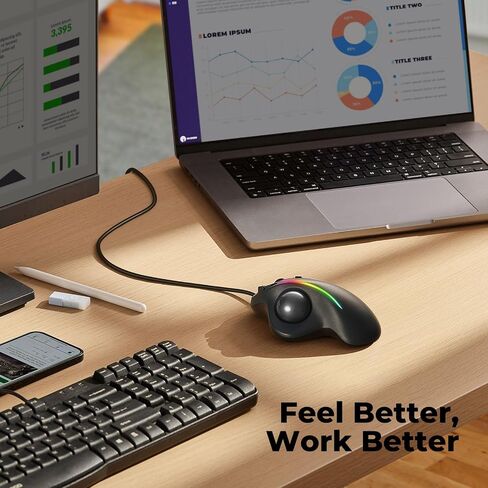 PORLEI Trackball Mouse Wired, RGB Ergonomic Mouse with Comfort Design, Easy Thumb Control, Precision and Smooth Tracking, Compatible for PC, Laptop, Mac, Windows in Saudi Arabia
