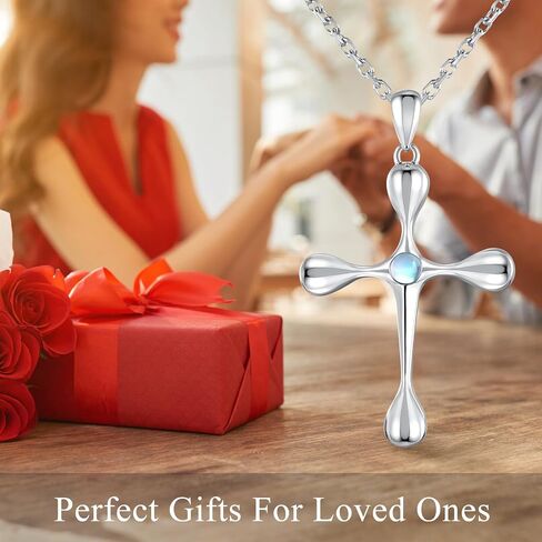 QUALISE 925 Sterling Silver Cross Necklace for Women, Teardrop Pendant Necklace Jewelry，Moonstone Necklace for Wife Friend Teen Girls Mother's Day Christmas Valentines Anniversary Birthday Gifts in Saudi Arabia