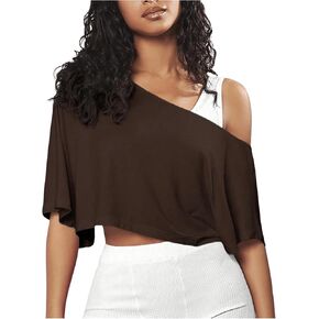 SOLY HUX Women's Off Shoulder Tee Athletic Workout Crop Top Half Sleeve Asymmetrical Neck T Shirt