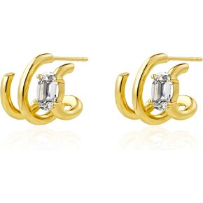LUCA SMITH Double Triple Hoop Earrings 14K Gold Plated CZ Illusion Split Hoop Earrings for ONE HOLE with S925 Sterling Silver Post