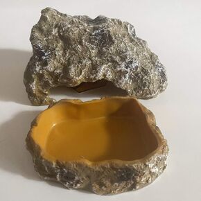 Resin Simulation Rock Cave (Large) and Food Water Bowl Set,Toad House for Outside Garden,Bearded Dragon, Serpent，Frog, Chameleon, Tree Frog, Gecko,Toad, Turtle and Other Amphibian Hideout.