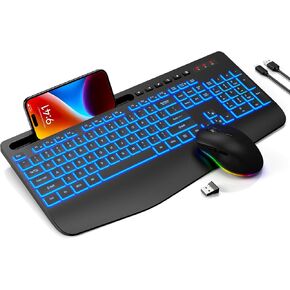Wireless Keyboard and Mouse Combo - 9 Backlit Effects, Wrist Rest, Phone Holder, Light Up Jiggler Mouse, Full-Sized Ergonomic, 2.4GHz Rechargeable Keyboard Mouse for Mac, Windows, Laptop, PC (Grey)