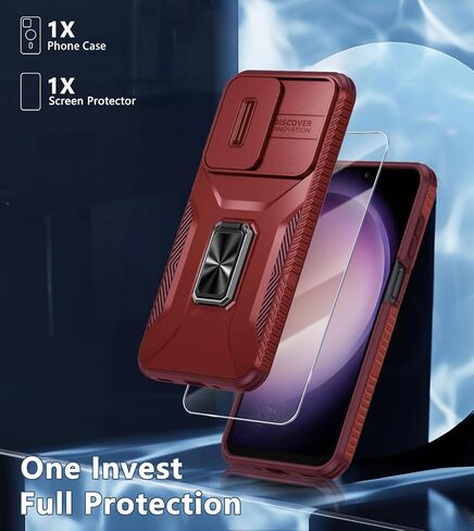 حافظة لهاتف سامسونج جالاكسي A15 5G مع واقي شاشة من الزجاج المقوى وغطاء عدسة الكاميرا، مسند ثابت بحلقة دوارة، غطاء هاتف واقٍ عالي التحمل مقاوم للصدمات - أسود in Kuwait