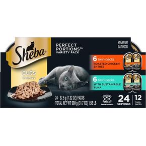 SHEBA Perfect Portions Cuts in Gravy Wet Cat Food Trays (12 Count, 24 Servings), Signature Tuna and Roasted Chicken Entrée, Easy Peel Twin-Pack Trays