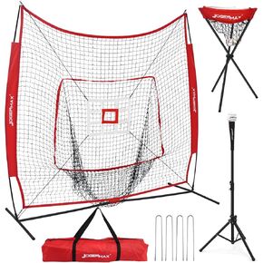 JOGENMAX 7x7 DLX Practice Net + Deluxe Tee + Ball Caddy + 3 Training Ball/Strike Zone Bundle + Carrying Bag | Baseball Softball Pitching Batting Training Equipment Set