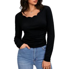 SOLY HUX Women's Scalloped Trim V Neck Ruched Long Sleeve Tee Casual T Shirts Tops