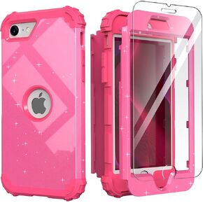 حافظة IDweel لهاتف iPhone SE 2020 مع واقي شاشة، حافظة لهاتف iPhone SE 2022، متينة 3 في 1 ممتصة للصدمات، غطاء نحيف من البولي كربونات الصلب شديد التحمل، حافظة من السيليكون الناعم لكامل الجسم، أحمر