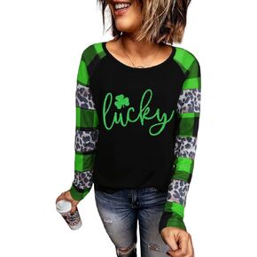 St. Patricks Day Shirts Women Funny Plaid Leopard Shamrock Graphic T-Shirt Vintage Color Block Splicing Long Sleeve Tops