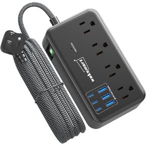 شريط طاقة واقي من زيادة التيار (2800J)، 8 منافذ تيار متردد مع 6 منافذ USB 4.8A/24W محطة شحن لسلسلة iPhone 15، سلك تمديد مسطح بطول 5 أقدام، حامل على الحائط للمنزل والسفر والمكتب