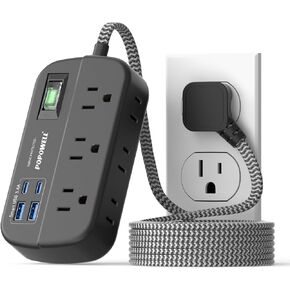حماية من اندفاع قطاع الطاقة - 6 منافذ واسعة مع 4 منافذ USB، سلك تمديد قابس مسطح للغاية بطول 5 أقدام، موسع مخرج مثبت على الحائط، منافذ متعددة 1080J للمكتب المنزلي الداخلي، أساسيات غرفة النوم