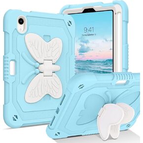 DUEDUE Case for iPad Mini 6 Case, Butterfly Wings Kickstand with Pencil Holder Heavy Duty Rugged Shockproof Full Protective Tablet Case for Apple iPad Mini 6th Generation 8.3 Inch Kids, Beige/Purple
