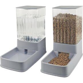Automatic Cat Feeder and Water Dispenser in Set,Automatic Food Feeder and Waterer Set 3.8L with Pet Food Bowl for Small Medium Dog Pets Puppy Kitten Large Capacity(1 Gallon x 2,Gray)