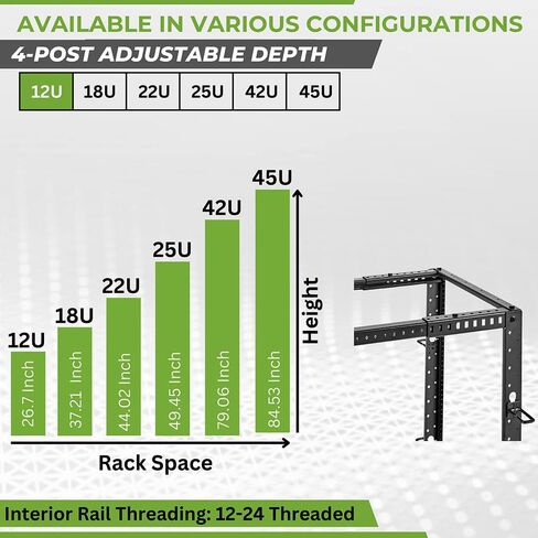 حامل NavePoint ذو 4 أعمدة قابل للتعديل، 42U، 12-24 ملولب، متوافق مع العجلات، أسود in Kuwait