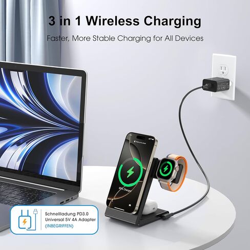 New Travel Foldable 3 in 1 Wireless Charging Station for Apple Magsafe Charger Stand,Fast Magnetic Wireless Charger Station for iPhone 17 Air 16 15 14 13 12 Series,Airpods Pro,Apple Watch Ultra in Kuwait