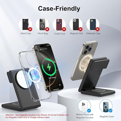 New Travel Foldable 3 in 1 Wireless Charging Station for Apple Magsafe Charger Stand,Fast Magnetic Wireless Charger Station for iPhone 17 Air 16 15 14 13 12 Series,Airpods Pro,Apple Watch Ultra in Kuwait