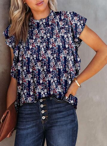 Dokotoo ملابس علوية نسائية صيفية كاجوال بياقة دائرية وطبعة زهور قمصان بيبي دول بأكمام قصيرة مكشكشة in Kuwait