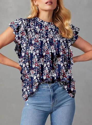 Dokotoo ملابس علوية نسائية صيفية كاجوال بياقة دائرية وطبعة زهور قمصان بيبي دول بأكمام قصيرة مكشكشة in Kuwait