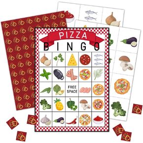 Pizza Bingo Party Games with 24 Players, Pizza Party Time, Birthday Party Games Card, Family Activities Bingo Cards for Girls Boys Classroom Party Supplies, Party Favors Gifts for Young Adults - FS179