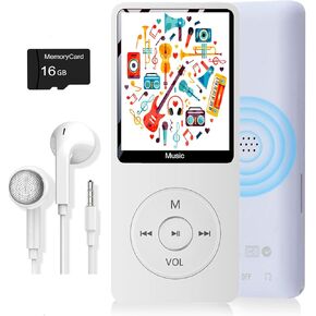 مشغل MP3، مشغل موسيقى مع بطاقة Micro SD سعة 16 جيجابايت، مكبر صوت مدمج/صور/تشغيل فيديو/راديو FM/مسجل صوت/قارئ الكتب الإلكترونية، يدعم حتى 128 جيجابايت