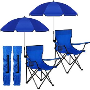 2 Sets Beach Chair with UPF 50+ and Umbrella with Universal Clamp Folding Beach Chair with Mesh Cup Holder for Adult with Carrying Bag 360° Adjustable Shade Umbrella Collapsible (Sky Blue)