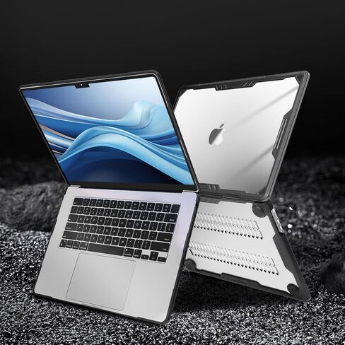 حافظة MOSISO متوافقة مع جهاز MacBook Air 15 بوصة إصدار 2023 2024 M3 A3114 M2 A2941 Touch ID، هيكل صلب من البلاستيك شديد التحمل بتصميم هندسي متماثل مع مصد TPU وجلد لوحة المفاتيح ومحول من النوع C، أسود in Kuwait
