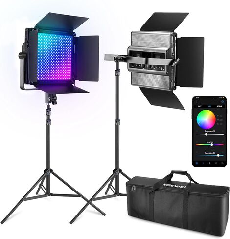 NEEWER 2 Pack PL60C RGB LED Panel Video Light Kit with 6.6ft/2m Spring Cushioned Light Stands/Bag, APP/2.4G/DMX Control, 60W 23000lux/0.5m 2500K-10000K 18 Scenes RGBCW Pro Photography Studio Lighting in Saudi Arabia