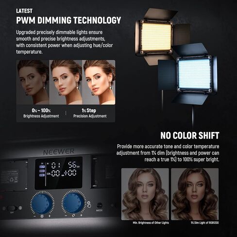 NEEWER 2 Pack PL60C RGB LED Panel Video Light Kit with 6.6ft/2m Spring Cushioned Light Stands/Bag, APP/2.4G/DMX Control, 60W 23000lux/0.5m 2500K-10000K 18 Scenes RGBCW Pro Photography Studio Lighting in Saudi Arabia