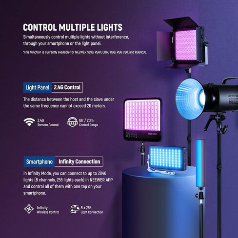 NEEWER 2 Pack PL60C RGB LED Panel Video Light Kit with 6.6ft/2m Spring Cushioned Light Stands/Bag, APP/2.4G/DMX Control, 60W 23000lux/0.5m 2500K-10000K 18 Scenes RGBCW Pro Photography Studio Lighting in Saudi Arabia