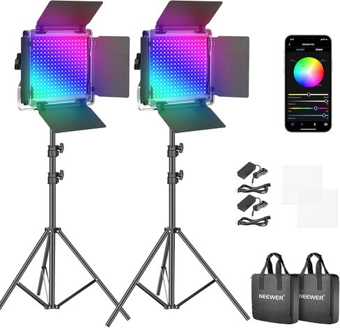 NEEWER 2 Pack PL60C RGB LED Panel Video Light Kit with 6.6ft/2m Spring Cushioned Light Stands/Bag, APP/2.4G/DMX Control, 60W 23000lux/0.5m 2500K-10000K 18 Scenes RGBCW Pro Photography Studio Lighting in Saudi Arabia