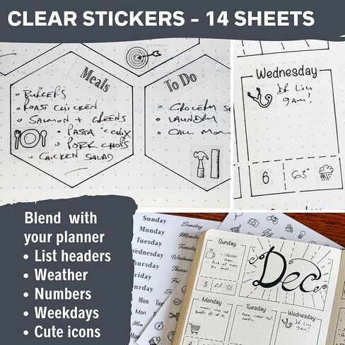 ملصقات مخططة أسبوعية بسيطة للإنتاجية (أسود وأبيض) - 30 ورقة من الملصقات القابلة للكتابة والشفافة - تقويمات صغيرة، متتبع العادات، الأيام، الأرقام - لوازم المجلات المنقطة in Kuwait