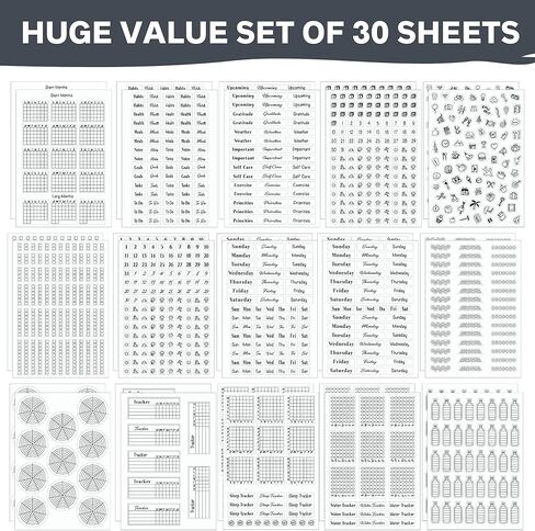 ملصقات مخططة أسبوعية بسيطة للإنتاجية (أسود وأبيض) - 30 ورقة من الملصقات القابلة للكتابة والشفافة - تقويمات صغيرة، متتبع العادات، الأيام، الأرقام - لوازم المجلات المنقطة in Kuwait