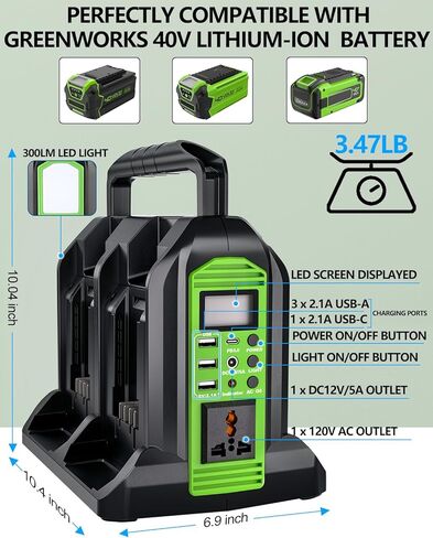 350W Power Inverter for Greenworks 40v Battery, 4-Ports DC 40V to AC 110-120V Pure Sine Wave Battery Inverter with 3 USB-A Port, 1 USB-C Port,300lm LED Light for Camping Travel Emergency(Tool Only) in Kuwait