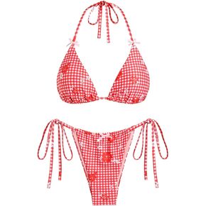 ZAFUL Women's Sexy Halter Bikini Sets Bow Decor Tiny Floral Print Bikini Swimsuits Tie Side Triangle Bathing Suits