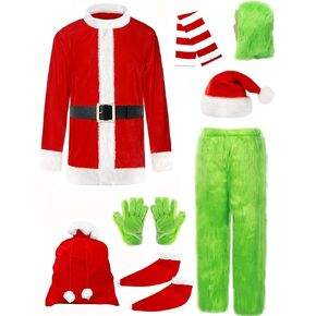 Alaiyaky Christmas Green Big Monster Costume for Men, 10PCS Deluxe Furry Santa Claus Costume Suit with Mask