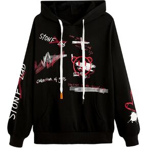 WDIRARA Men's Cartoon Letter Graphic Drawstring Design Hoodie Long Sleeve Pocket Sweatshirts Black XL