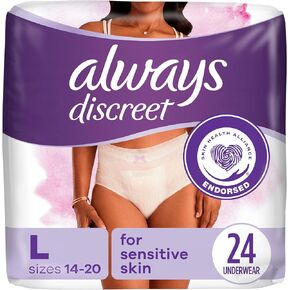 Always Discreet Sensitive, Incontinence & Postpartum Underwear for Women, Maximum Plus Protection, Large, 24 Count