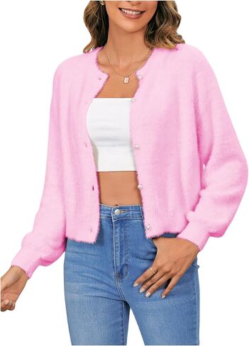 Verdusa Women's Button Front Drop Shoulder Long Sleeve Furry Knit Cardigan Sweater Top in Kuwait