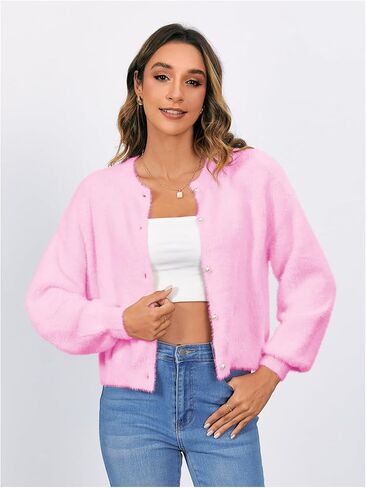 Verdusa Women's Button Front Drop Shoulder Long Sleeve Furry Knit Cardigan Sweater Top in Kuwait