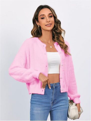 Verdusa Women's Button Front Drop Shoulder Long Sleeve Furry Knit Cardigan Sweater Top in Kuwait